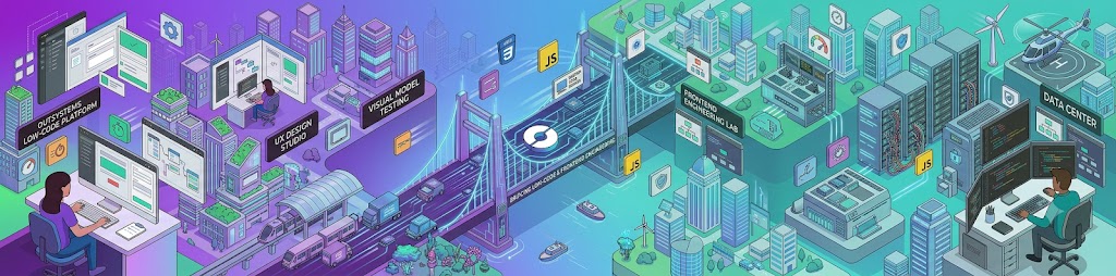 Isometric illustration of a bridge connecting the OutSystems low-code platform to a frontend engineering lab